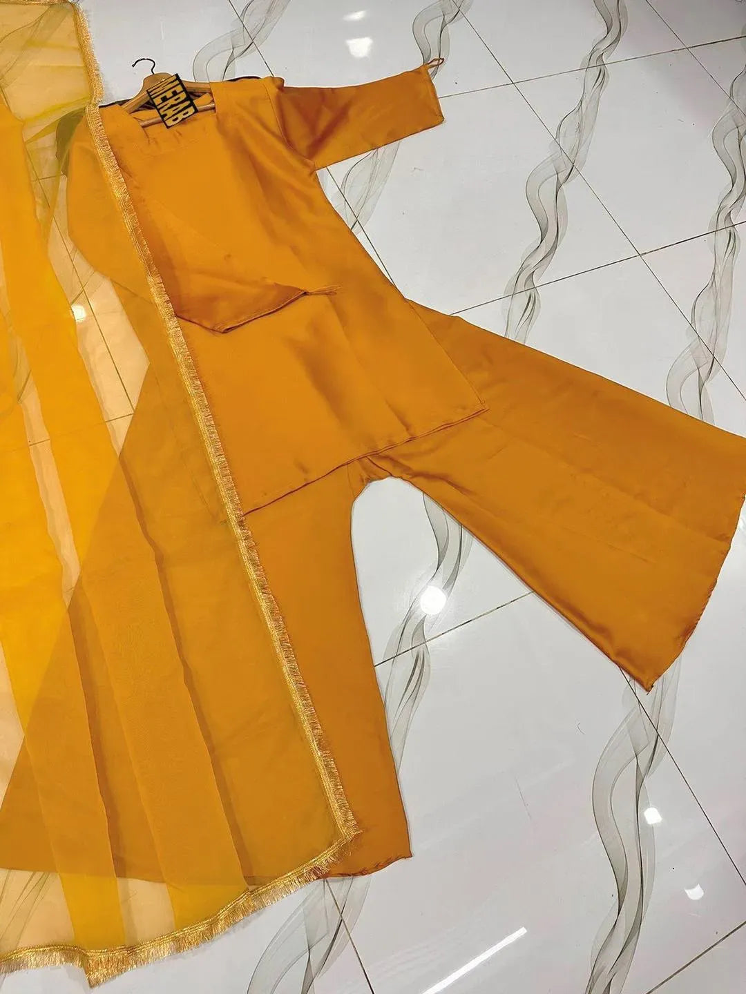 Long Flare Sharara With Lace Dupatta 3Pcs