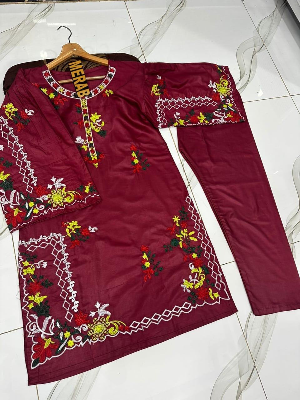 Maroon Embroidered 2Pcs Shirt Trouser Set