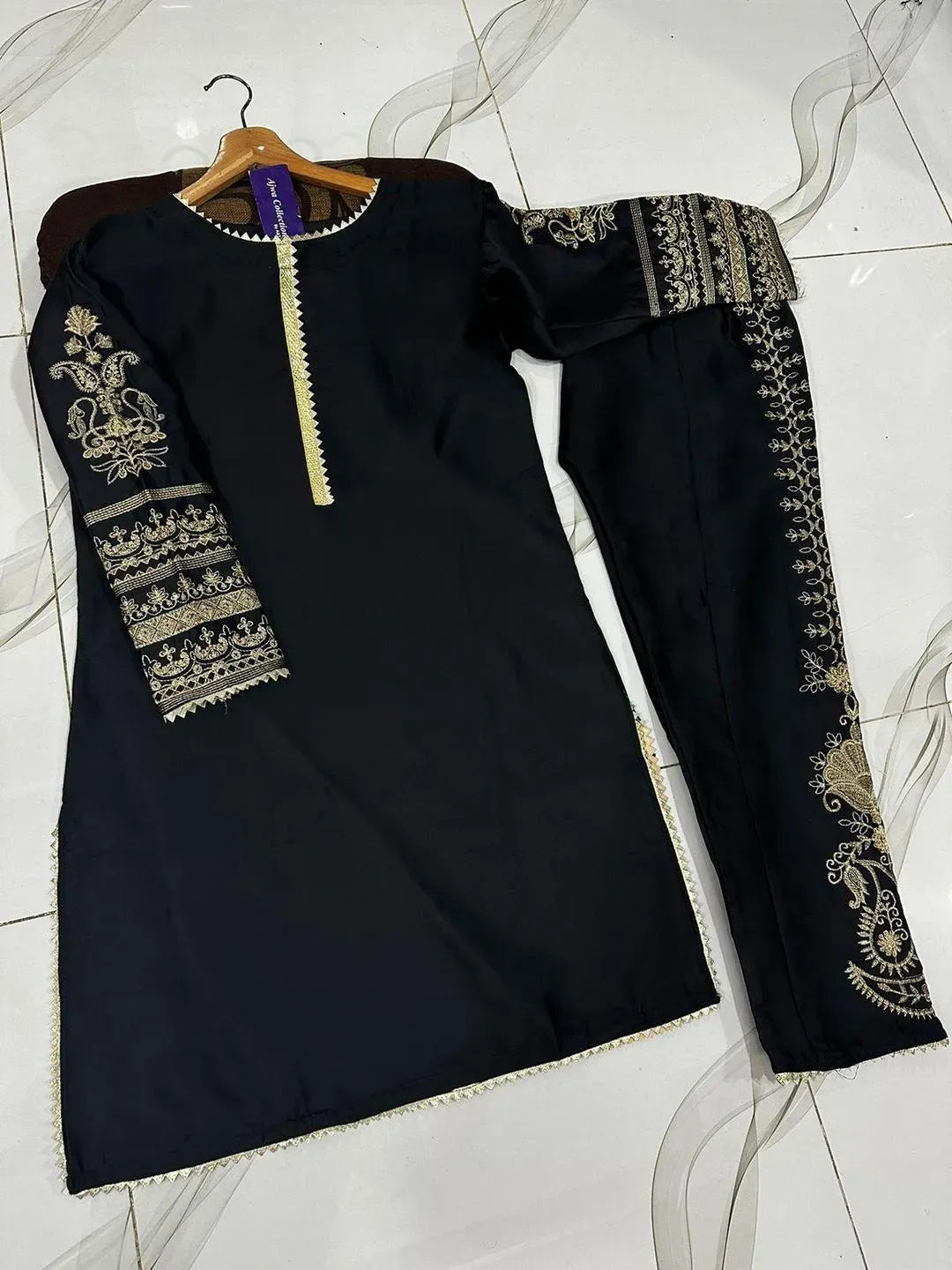 Black Front Lace & Embroidered Shirt With Emb Trouser 2Pcs