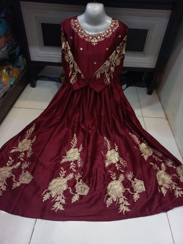 Maroon Embroidered Maxi Dress for Women Party Wear