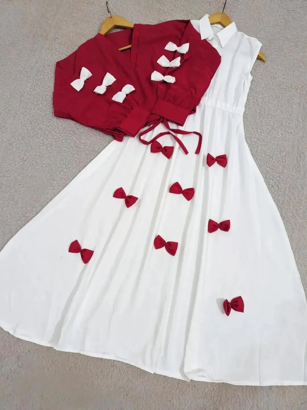 Premium Georgette Top & Maxi Set Red White Bow Stitched