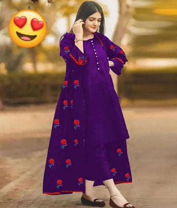 Purple Rose Embroidered 3-Piece Gown Suit for Women