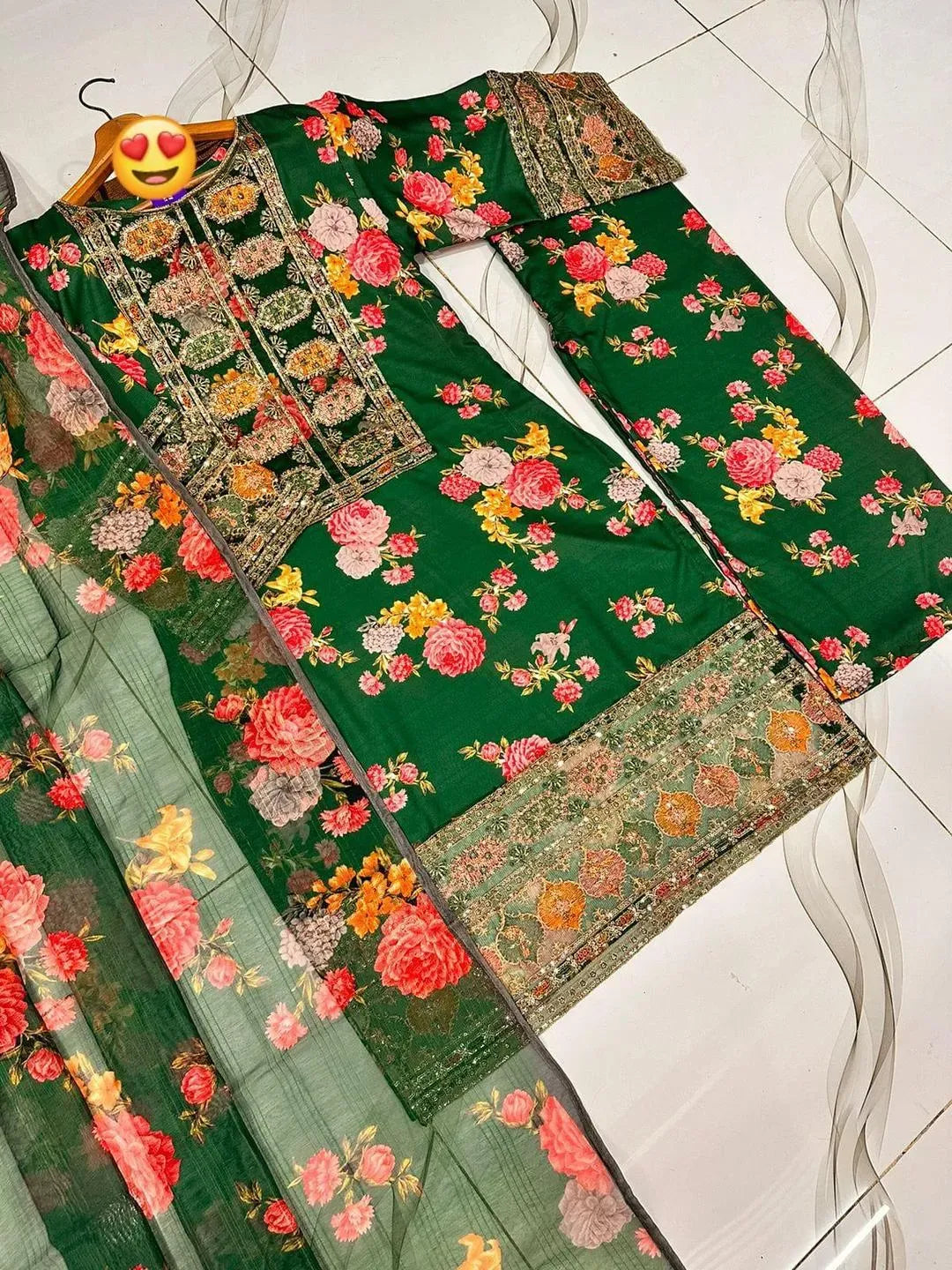 Anneela Printed 3Pcs Embroidered Green Suit Set