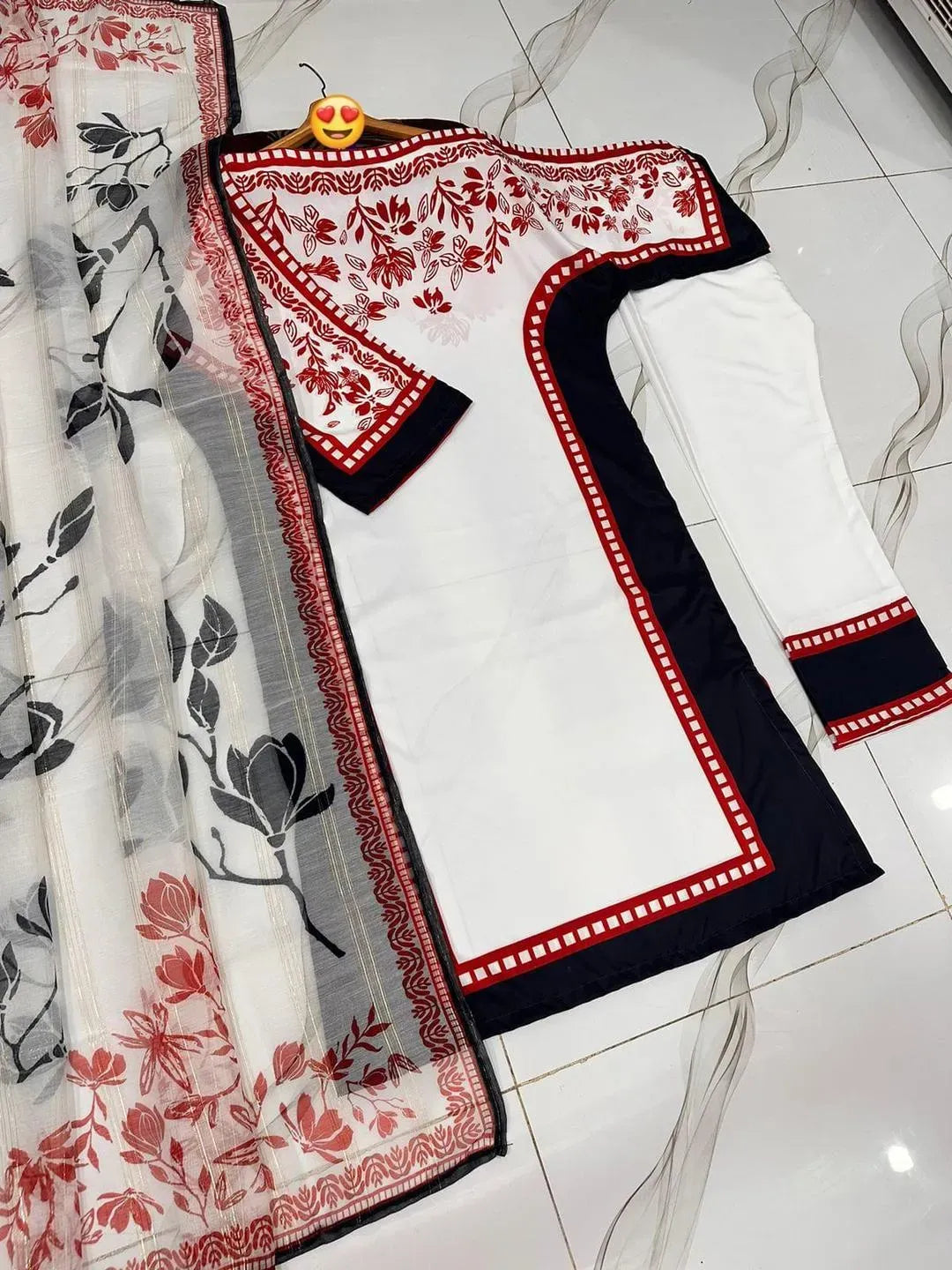 3 Piece Kaftan Suit Red Black Floral Print Free Size
