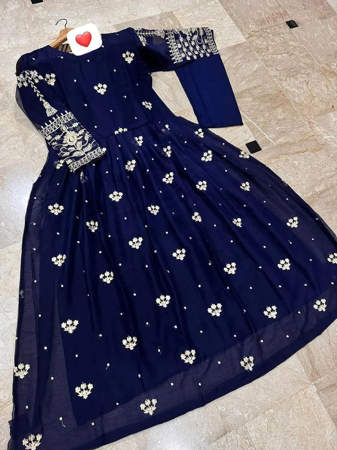 Blue Embroidered Chiffon Maxi with Gold Zarri Work for Eid