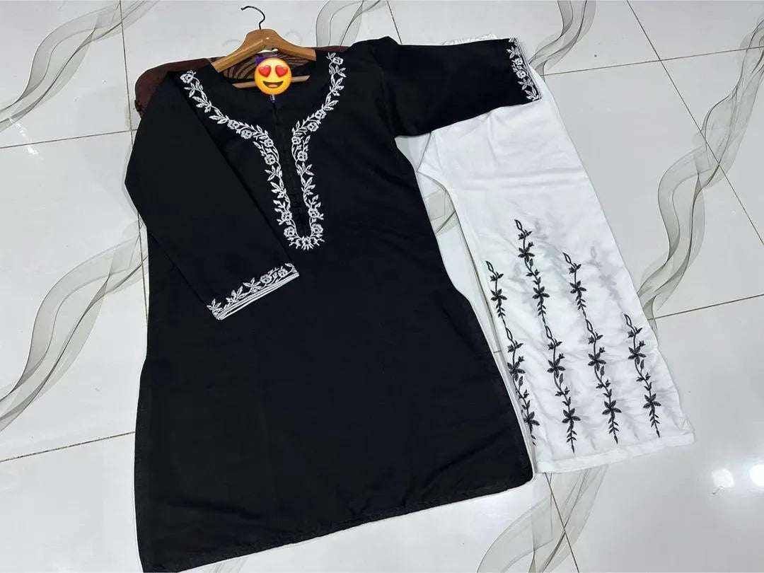 Black Embroidered Kurta Pajama Set for Women