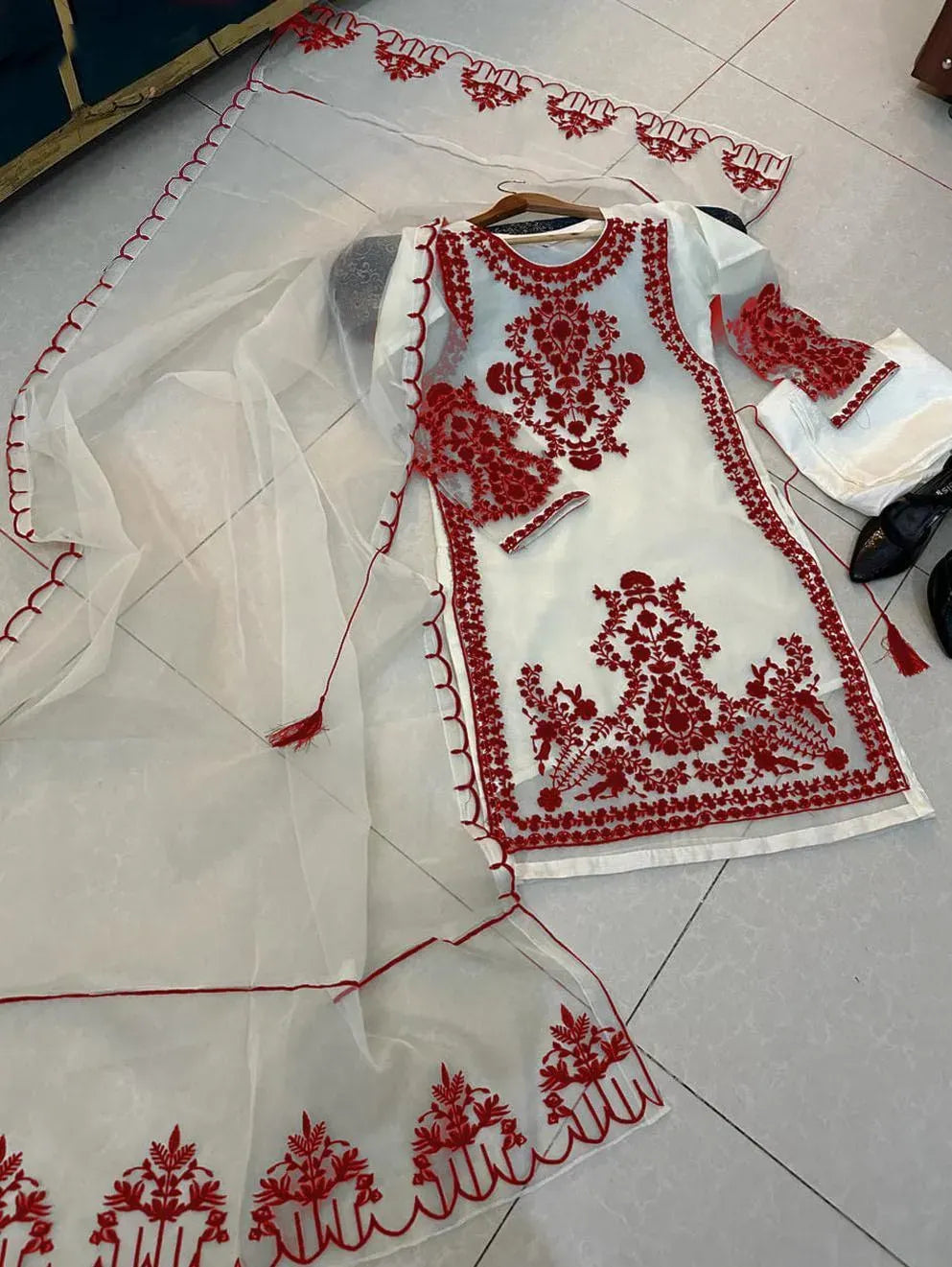 Red Embroidered 3Pc Organza Suit for Women Eid Party Wear