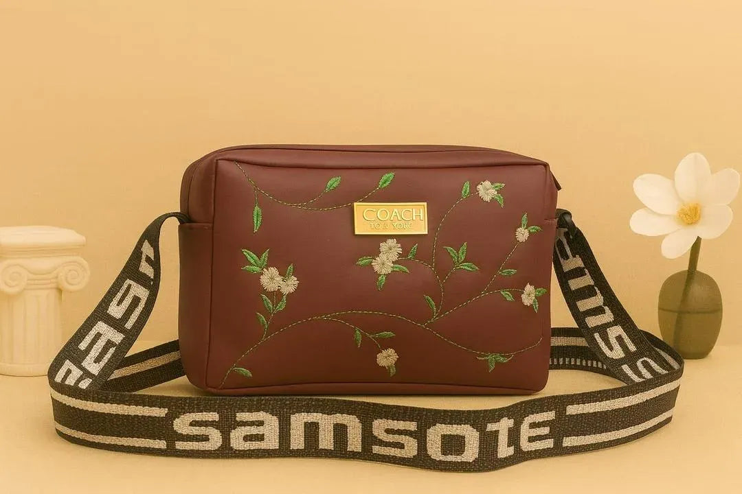Women's Leather Handbag with Floral Embroidery & Strap
