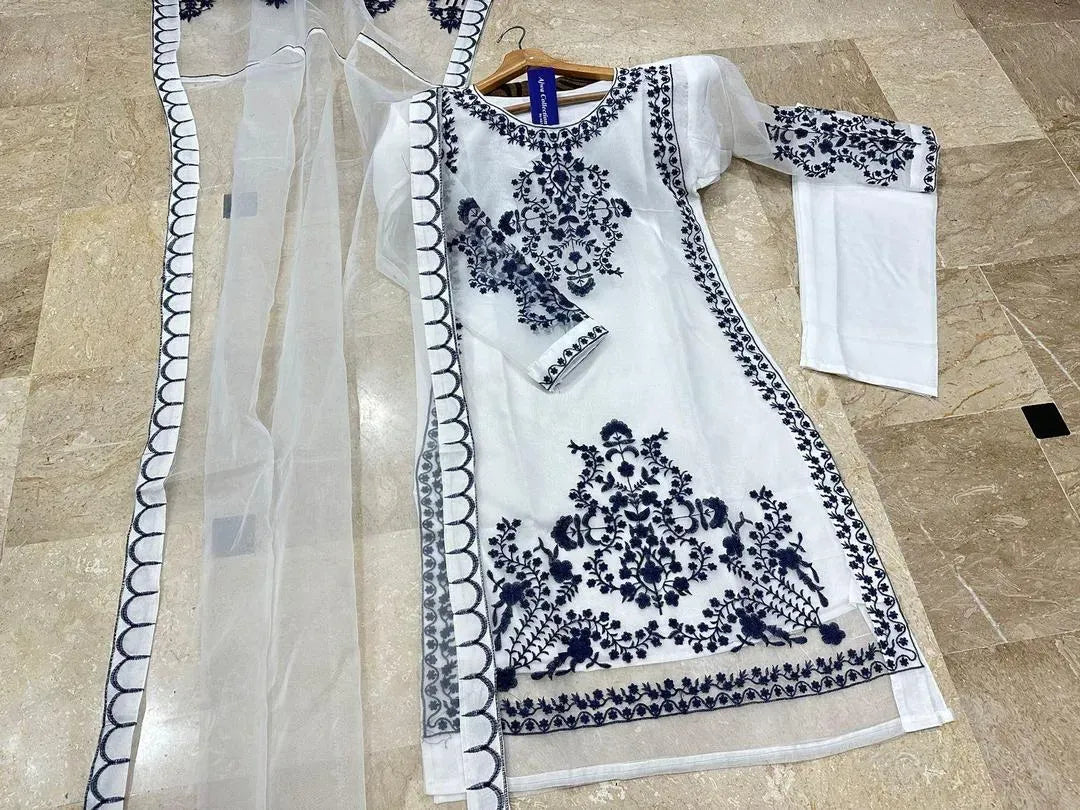 Black Embroidered Organza 3Pcs Women Suit