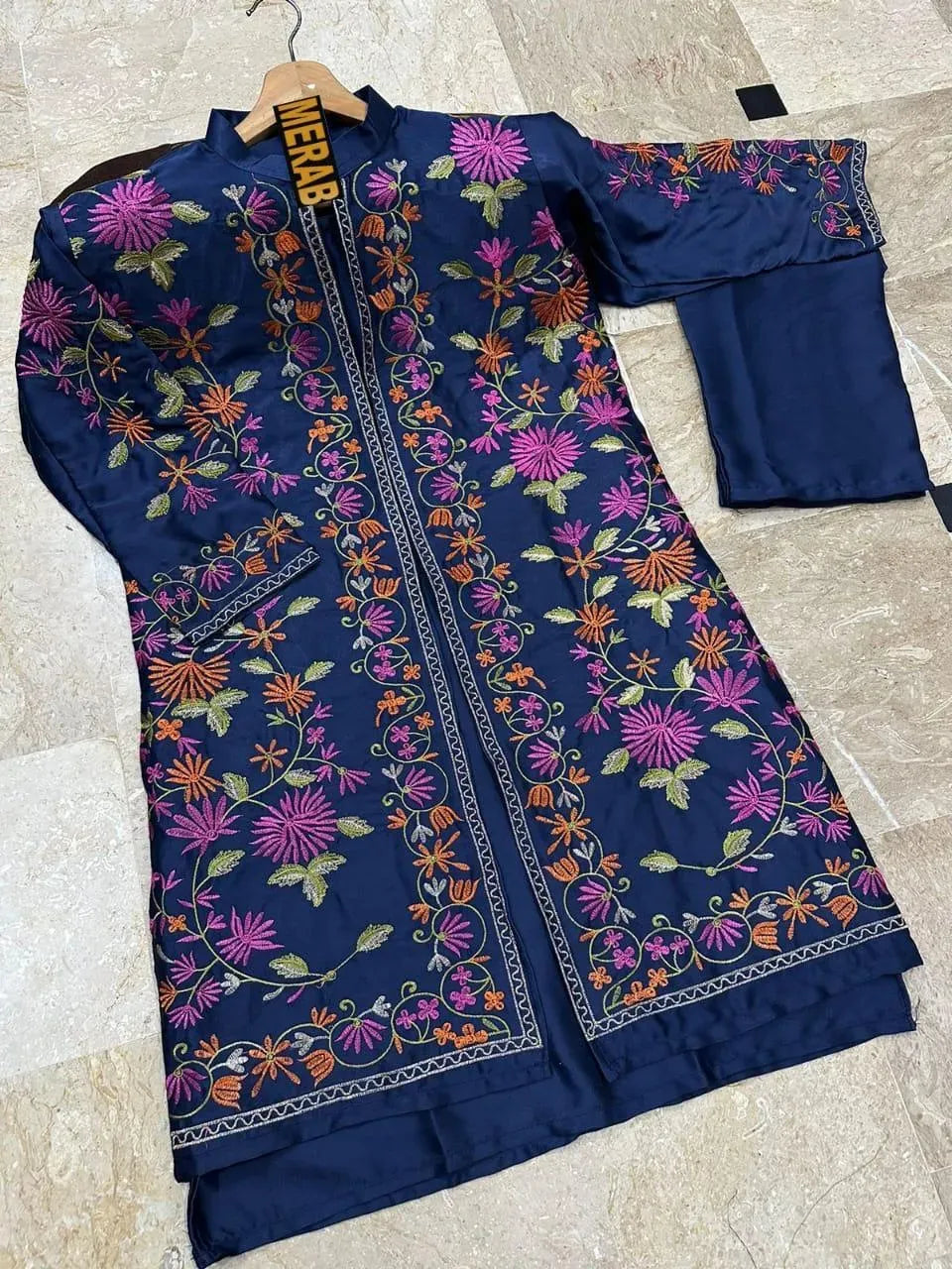 Blue Embroidered Shamoz Silk Gown & Trouser Set