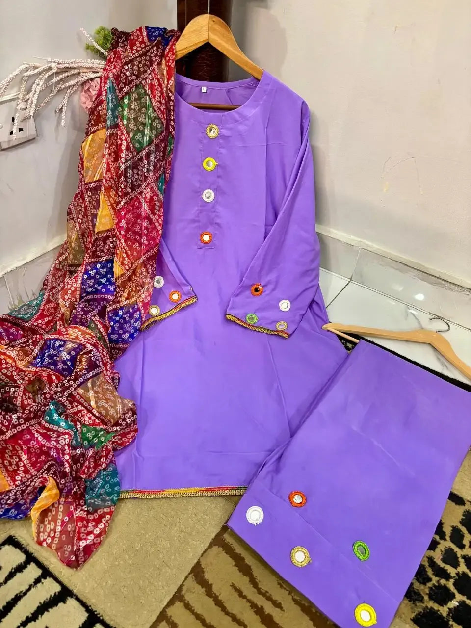 Malai Lawn 3 Piece Dress for Women – Mirror Work Neck & Sleeves, Farshi Shalwar with Mirror Work,