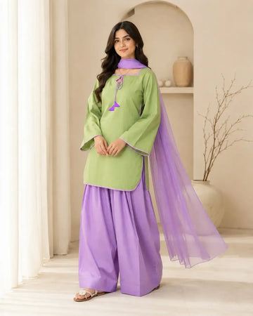 Trending Purple Farshi Shalwar 3 Piece Suit for Women – Pure CottonPakistani Stitched Dress
