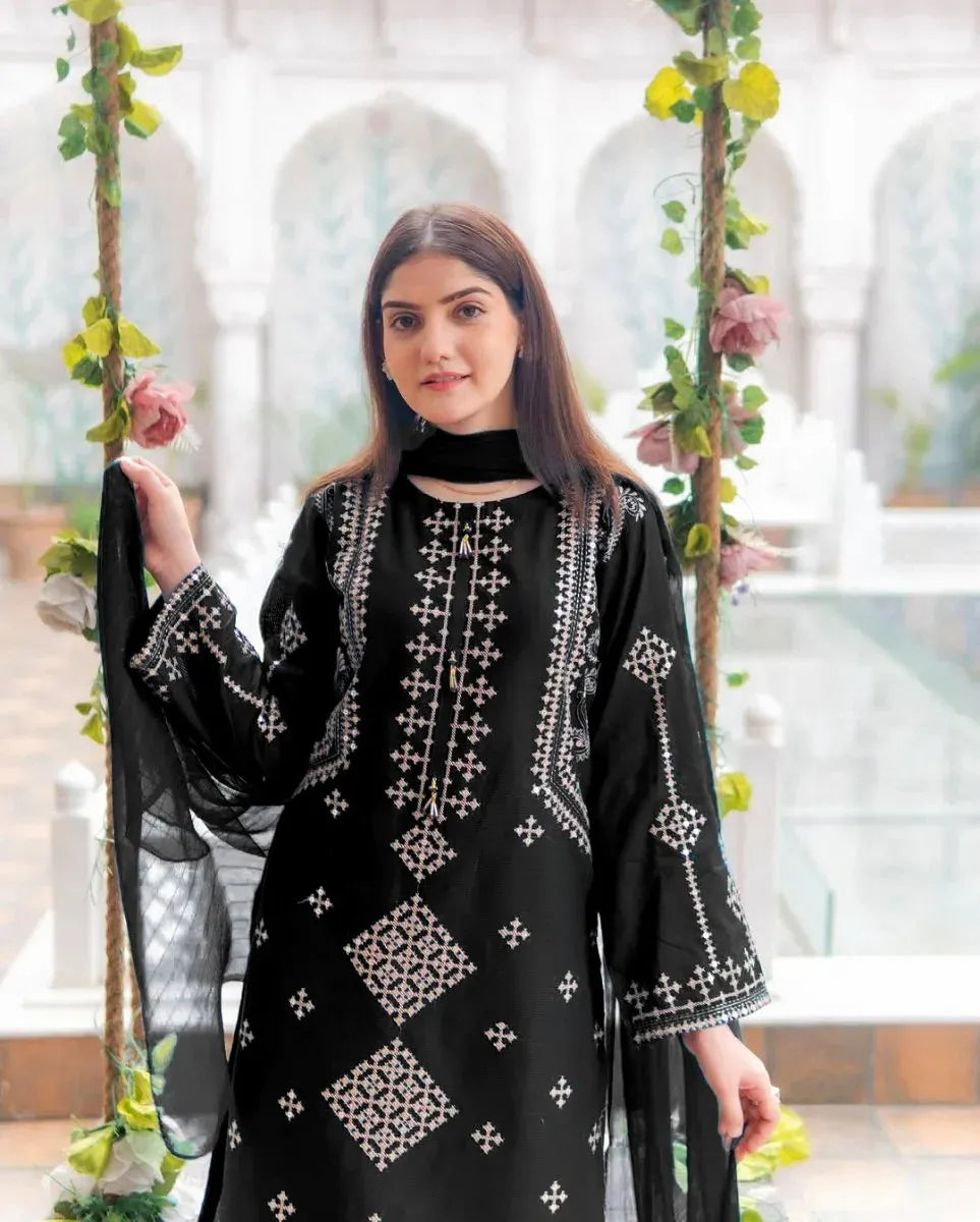 3 Pcs Women's Stitched Cotton Embroidered Suit