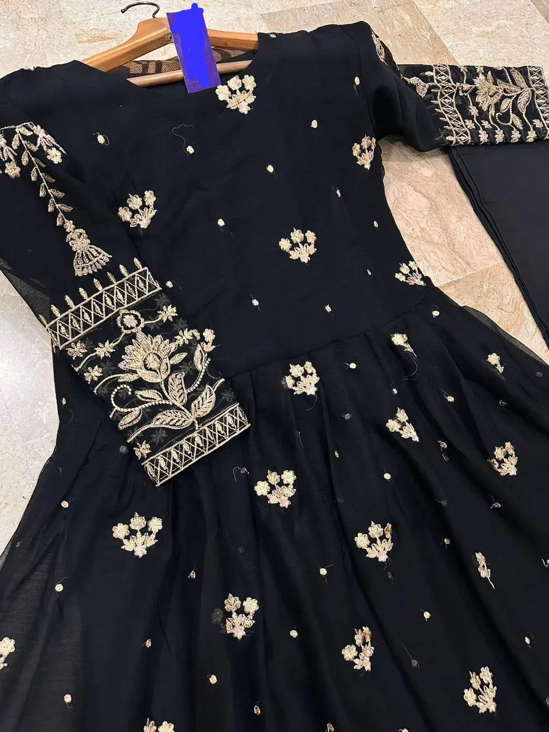 Black Embroidered Chiffon Maxi Dress for Women
