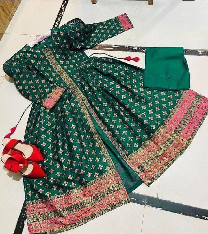 Premium Silk Printed Frock & Trouser Set Blue Gold Pink
