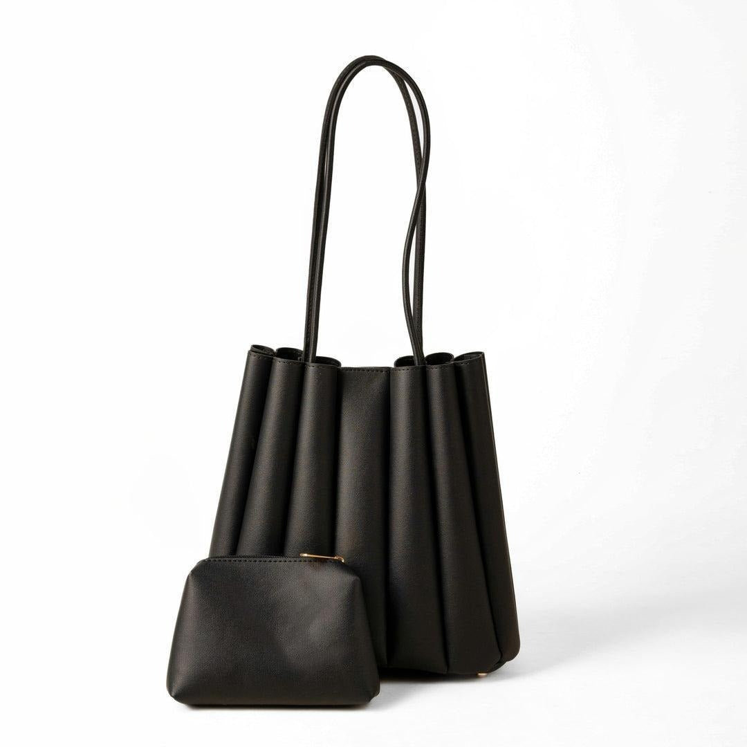 Black Pleated PU Leather Shoulder Bag for Women
