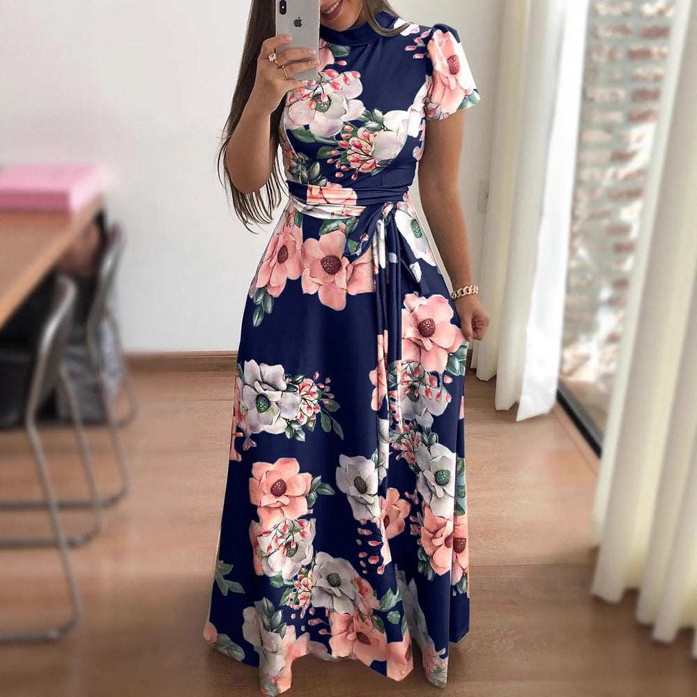 Floral Long Dress for Women with Short Sleeves
