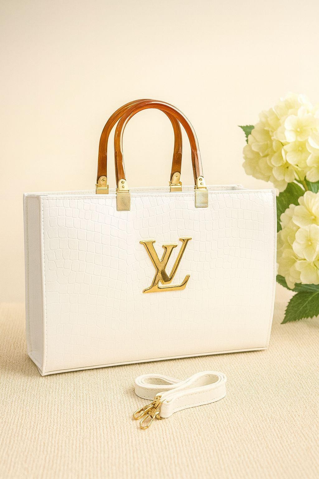 Black Rexine Tote Bag with Gold Logo & Detachable Strap