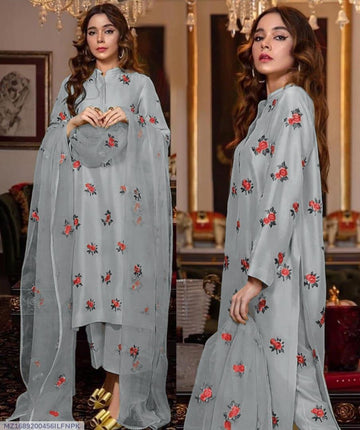 Grey Embroidered Shamoz Silk 3Pcs Women Suit
