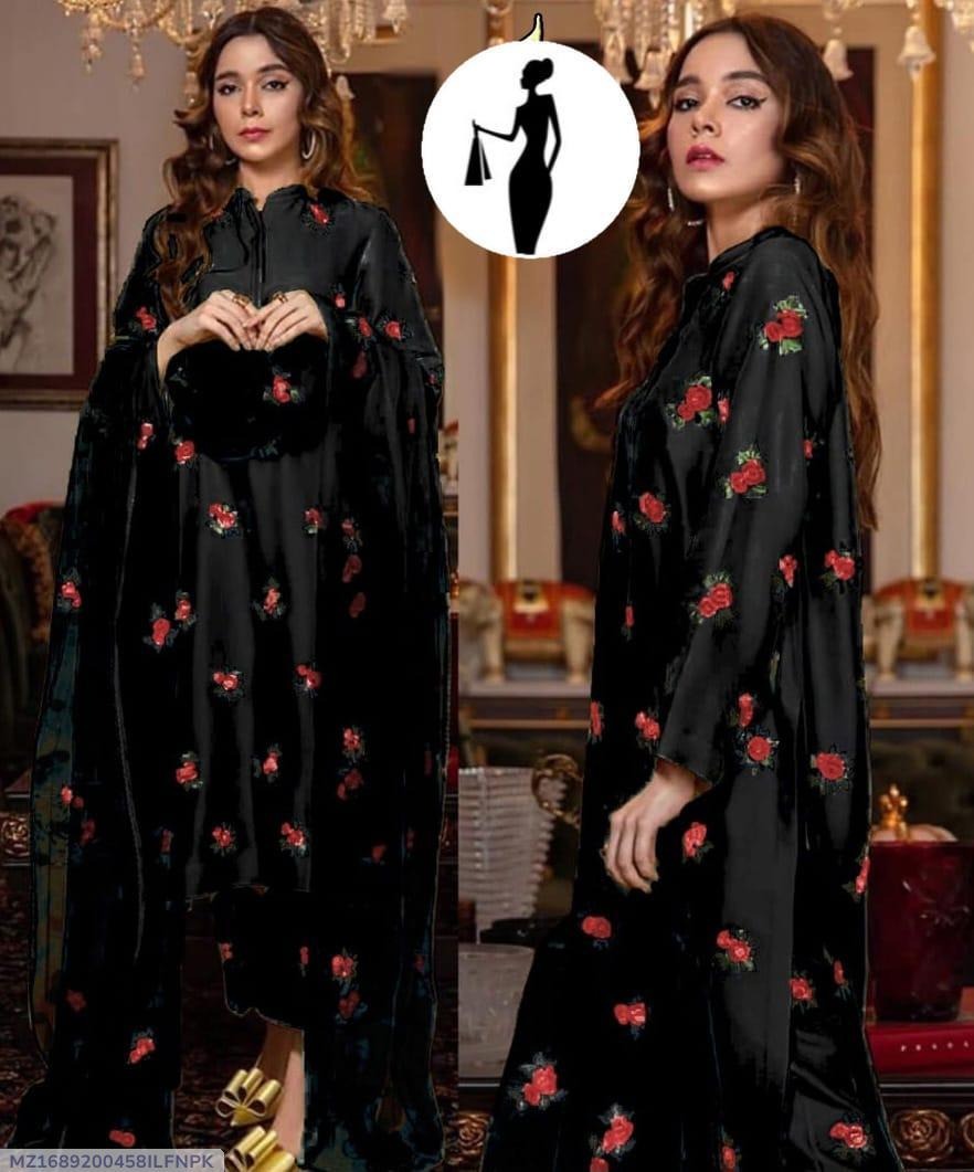 Black Shamoz Silk 3-Piece Suit with Rose Embroidery