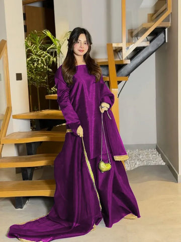 Purple Long Flare Sharara Set 3Pcs with Lace Dupatta