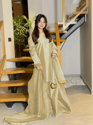 Long Flare Sharara & Lace Dupatta Set 3Pcs