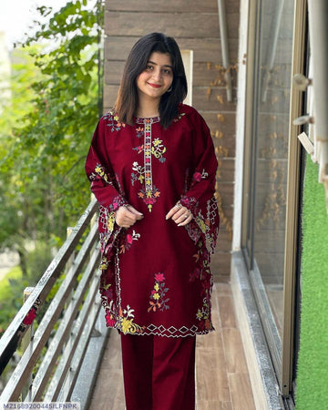 Maroon Embroidered 2Pcs Shirt Trouser Set