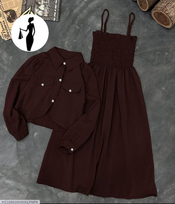 Brown Linen 2Pcs Frock & Jacket Set