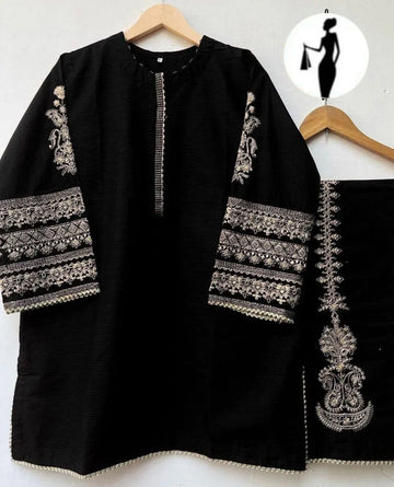 Black Front Lace & Embroidered Shirt With Emb Trouser 2Pcs