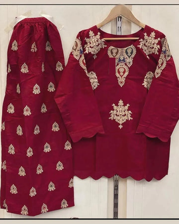 Maroon Embroidered 2-Piece Cotton Set for Women