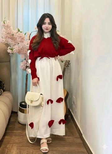 Premium Georgette Top & Maxi Set Red White Bow Stitched