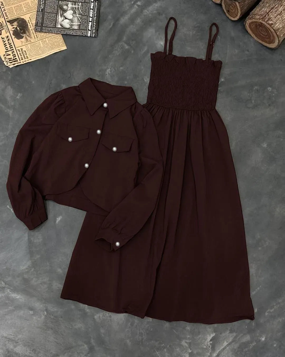 Brown Linen 2-Piece Set with Pearl Buttons & Flared Skirt