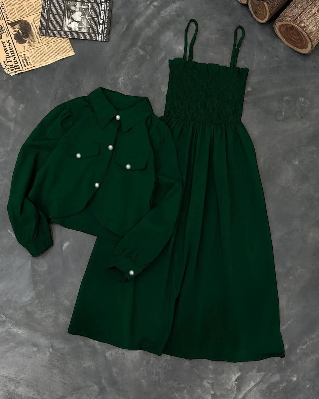 Green Linen 2Pcs Women's Party Dress Set