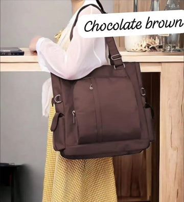 Women Nylon Shoulder Bag Brown Big Capacity Adjustable Strap