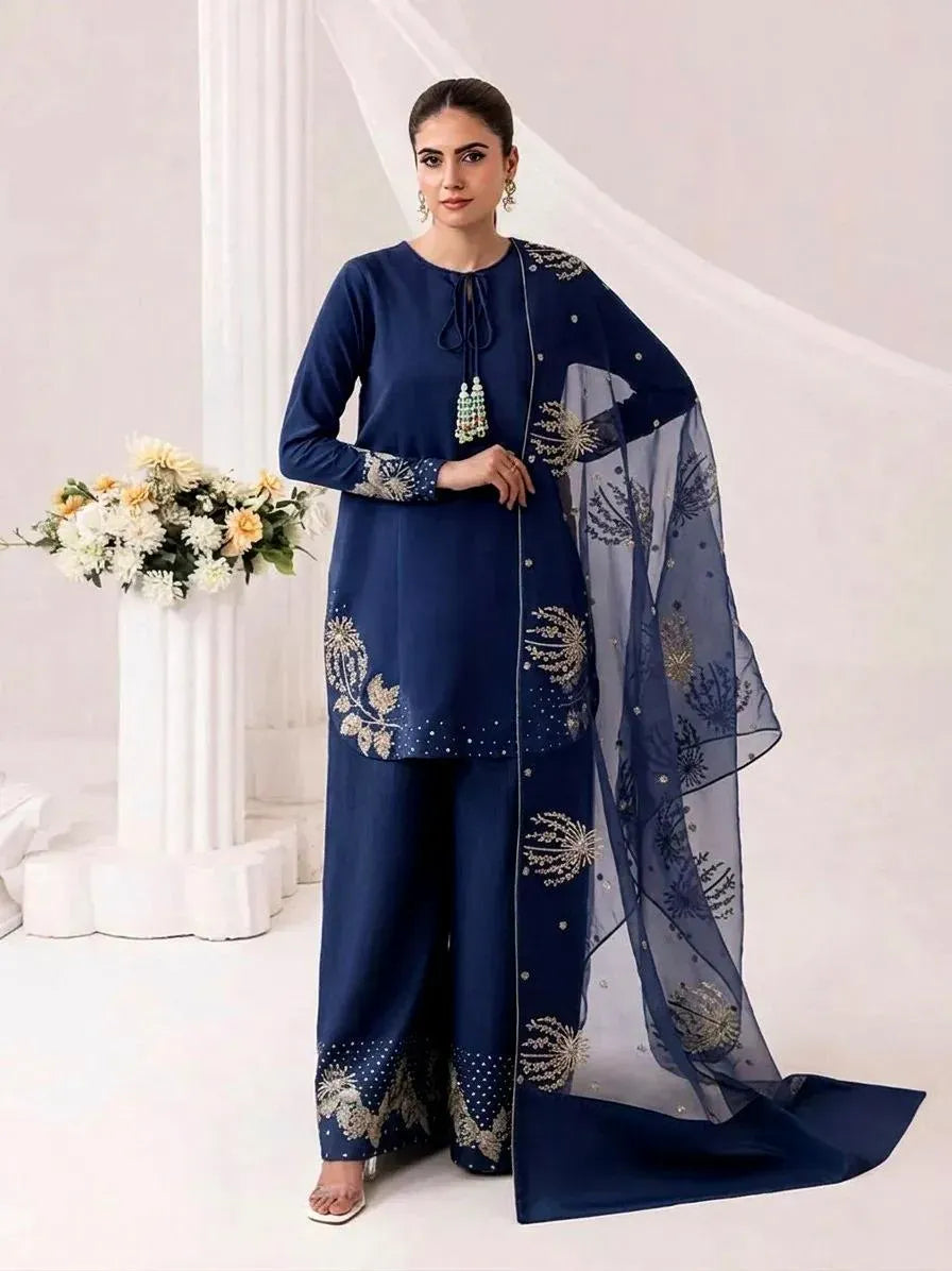 Blue Sequin Embroidered 3Pcs Women Suit Set