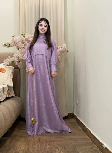 Purple Glitter Maxi Dress Set 2Pcs U-Neck Cap With Straps