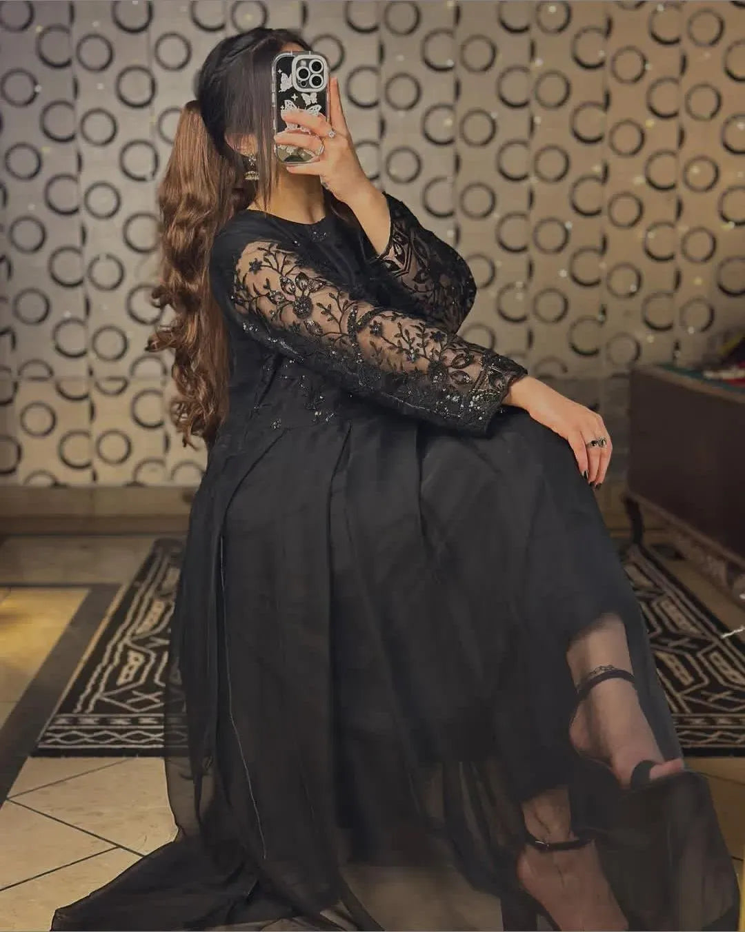 Black Chiffon Sequin Embroidered Maxi Dress with Trouser Set