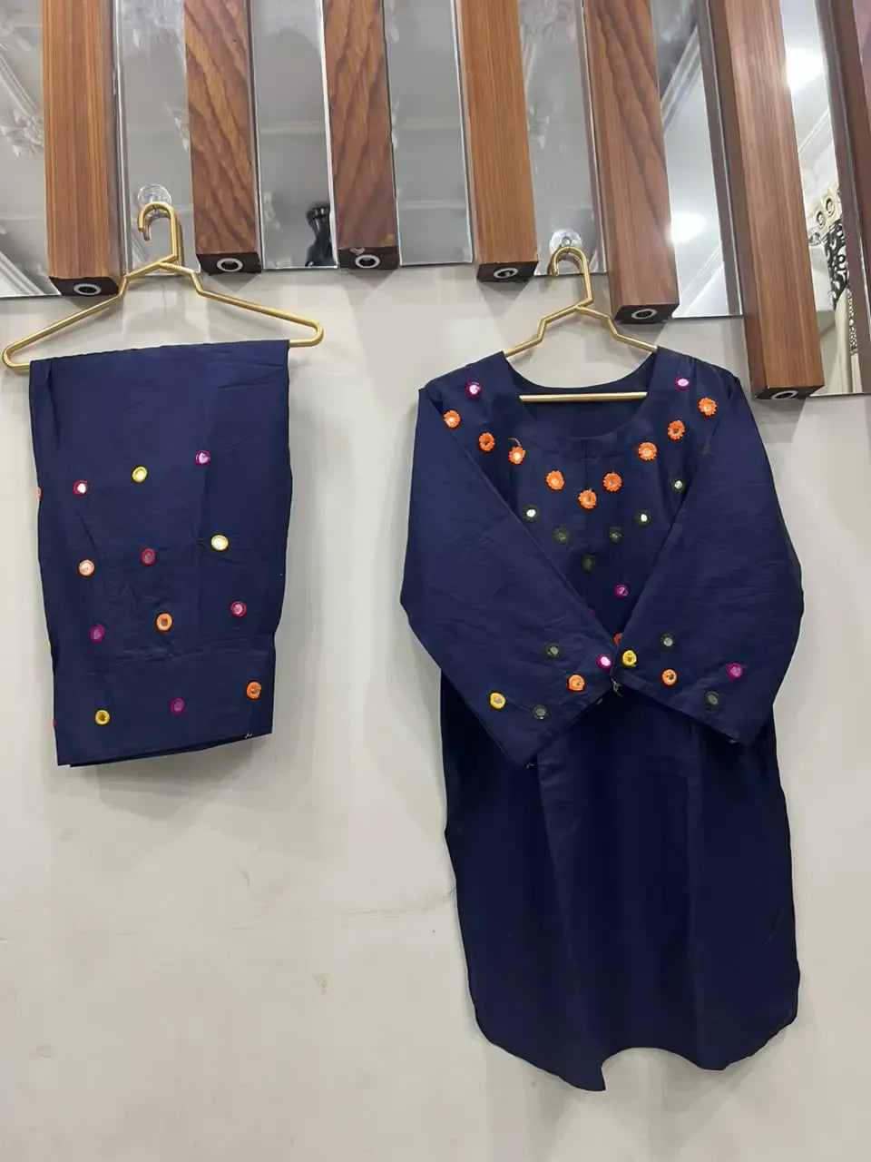 2Pcs Women's Stitched Cotton Lawn Hand Work Shirt And Trouser with Mirror work