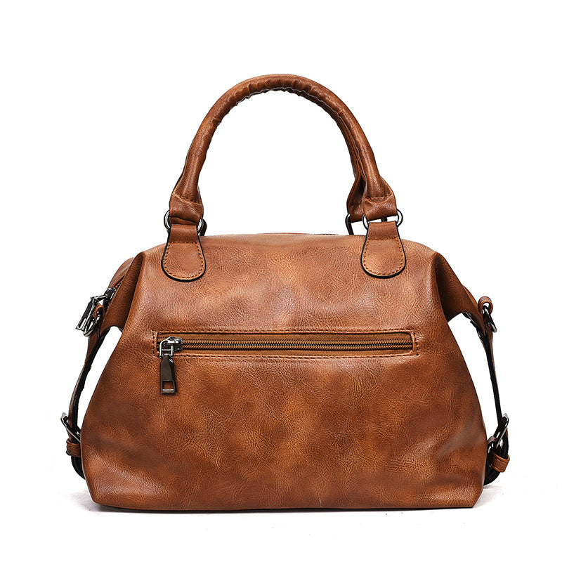 Waxed Leather Boston Bag for Women Retro Shoulder Crossbody