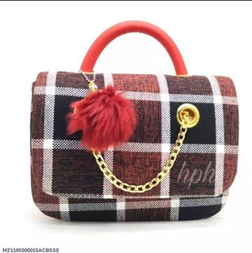 Jute Plaid Shoulder Bag Red Pom Pom Gold Chain