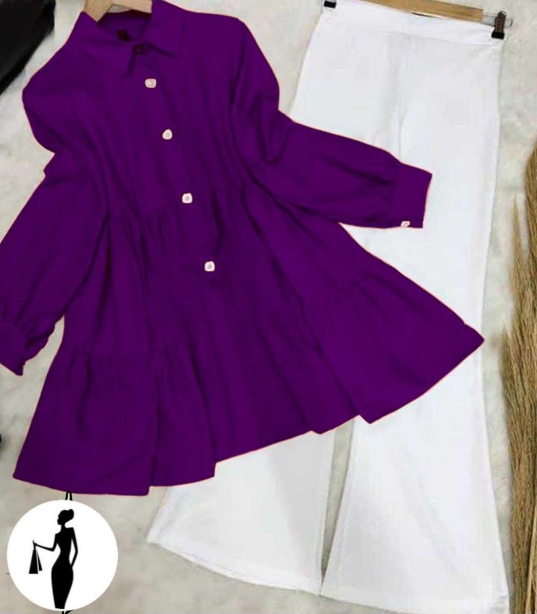 Purple Linen Shirt & White Trouser Set for Women