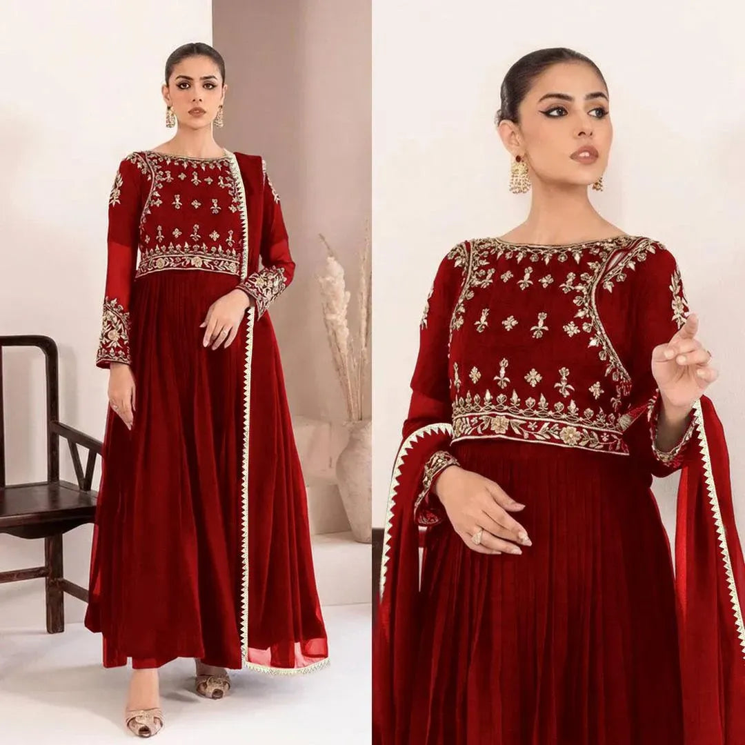 Red Velvet Maxi Set with Embroidery & Lace Dupatta