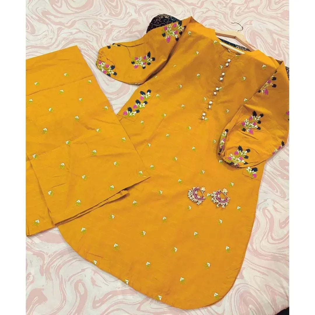 Yellow Embroidered 2-Piece Cotton Set for Women