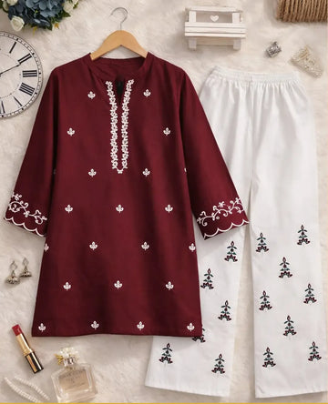 2 Pcs Women's Stitched Chiffon Embroidered Shirt And Trouser