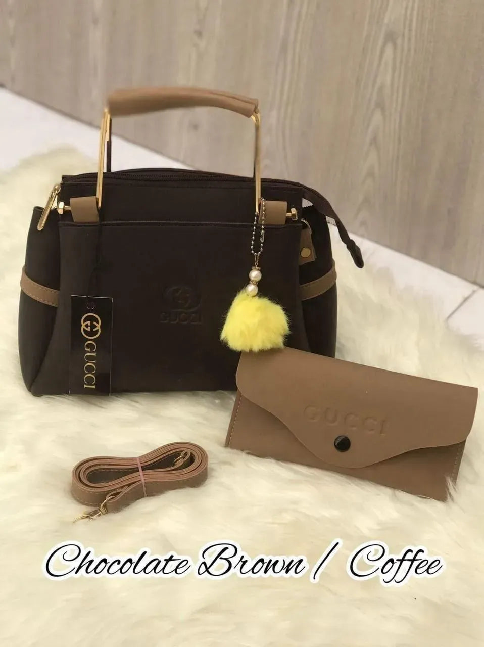 Mustard Coffee Leather Handbag with Wallet & Strap