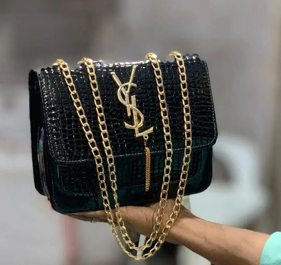 White Croc Leather Handbag with Gold Chain Strap