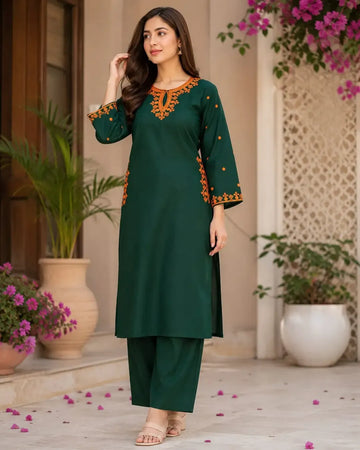2 Pcs Women's Stitched Cotton Lawn green pocket style Embroidered Shirt And Trouser