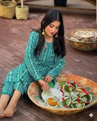 2 Pcs Women's Stitched Linen Block Printed Shirt And Trouser
