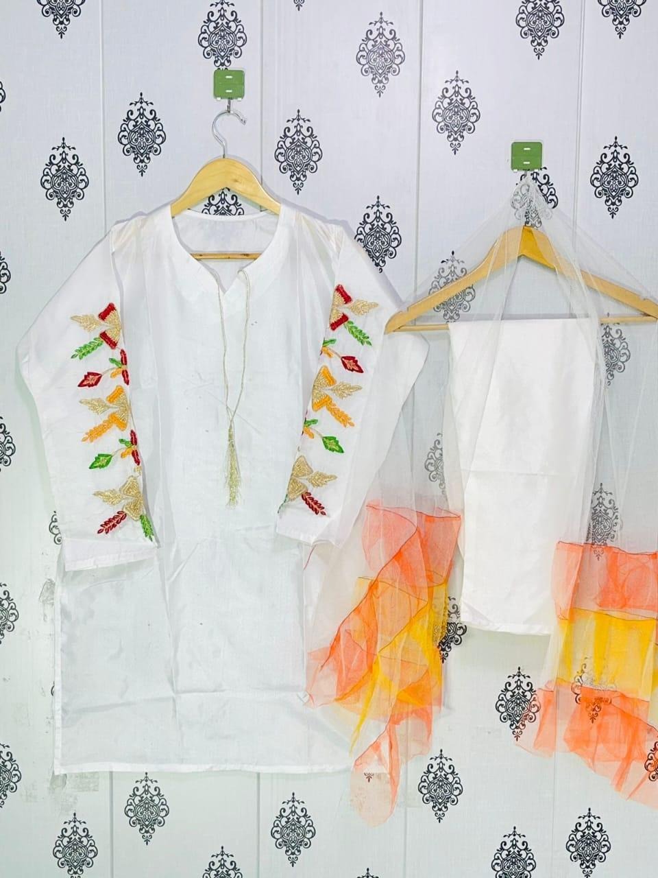 Women Katan Silk 3-Piece Suit Set White Embroidered Medium Large