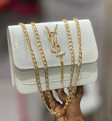 White Croc Leather Handbag with Gold Chain Strap
